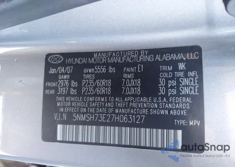 2007 Hyundai Santa Fe Limited/Se from USA, damaged, VIN 5NMSH73E27H063127